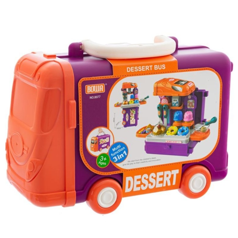 Zabawka autobus deserowy 3w1 w kolorze pomarańczowo-fioletowym z zestawem słodkości