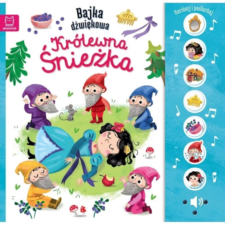 Bajka dźwiękowa „Królewna Śnieżka” z ilustracją Śnieżki i krasnoludków oraz niebieskim panelem dźwiękowym.
