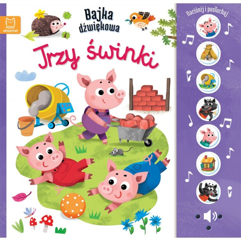 Bajka dźwiękowa „Trzy Świnki” z ilustracją prosiaczków i fioletowym panelem dźwiękowym.

