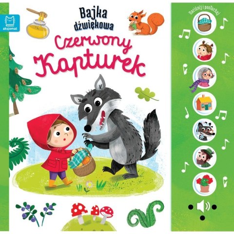 Okładka bajki dźwiękowej „Czerwony Kapturek” z ilustracją wilka и dziewczynki w czerwonym płaszczyku oraz panelem dźwiękowym po prawej stronie