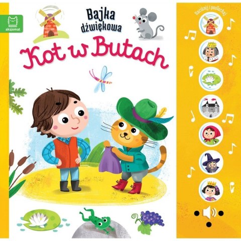 Okładka bajki dźwiękowej „Kot w Butach” z ilustracją kota w kapeluszu i chłopca oraz panelem z przyciskami dźwiękowymi