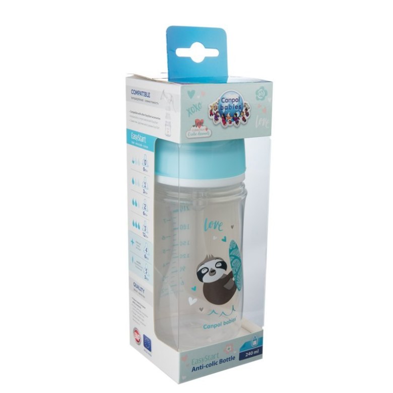 Butelka szeroka antykolkowa EasyStart EXOTIC ANIMALS 240 ml – CANPOL BABIES (niebieska) CA35/221BLU