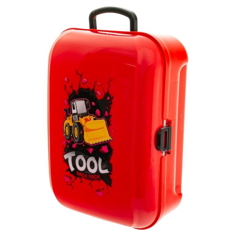 Czerwona walizka z nadrukiem koparki Tool Back Pack – przenośny zestaw narzędzi dla dzieci
