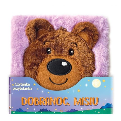 Okładka książeczki „Dobranoc, Misiu” z pluszową twarzą misia на fioletowym tle