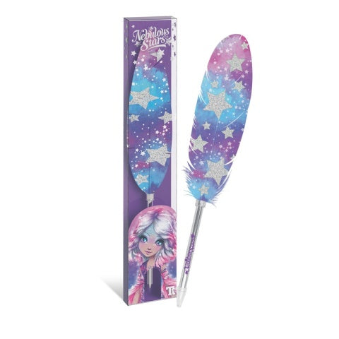 Długopis z piórkiem Estrella Nebulous Stars – ozdobny długopis z dużym piórkiem w kolorach fioletu i błękitu, z brokatowymi gwiazdami i dziewczęcym opakowaniem z ilustracją postaci