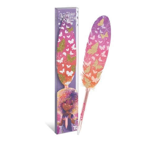 Długopis z piórkiem Orelia Nebulous Stars – ozdobny długopis z dużym piórkiem w odcieniach różu, fioletu i pomarańczu, z brokatowymi motylami i złotymi akcentami, w opakowaniu z ilustracją postaci
