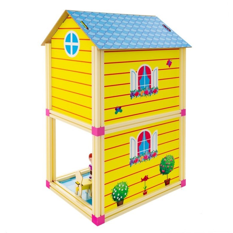 Domek dla lalek niebieski tył – widok z zewnątrz żółtego domku z niebieskim dachem, oknami i kwiatami, idealny do zabawy dla dzieci