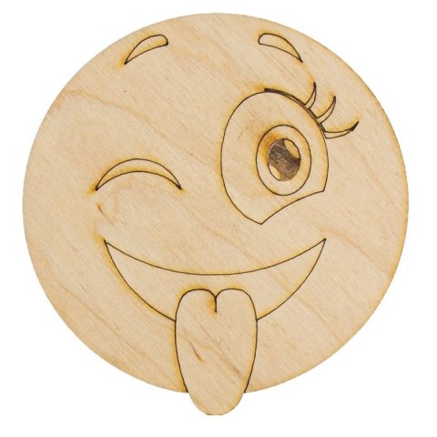 Drewniana ozdoba emotka z uśmiechem i językiem, grawerowana dekoracja do projektów kreatywnych