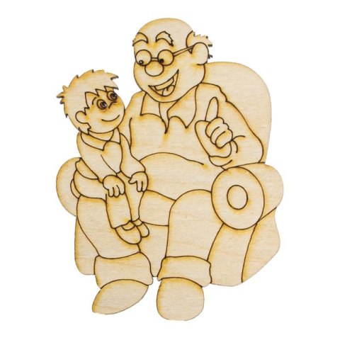 Drewniana dekoracja przedstawiająca dziadka siedzącego w fotelu z wnukiem na kolanach, grawerowana ozdoba do projektów kreatywnych