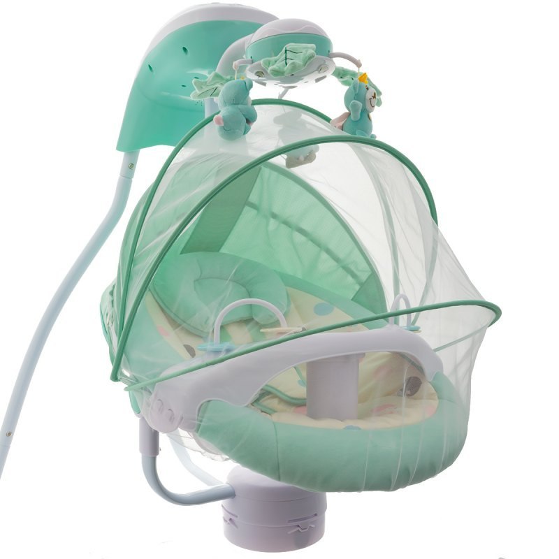 Huśtawka elektroniczna dla niemowląt z moskitierą i zawieszkami, w kolorze miętowym, z daszkiem ochronnym