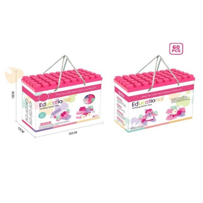 Kolorowe klocki edukacyjne 60 elementów w pudełku z uchwytem – zestaw do zabawy i nauki dla dzieci
