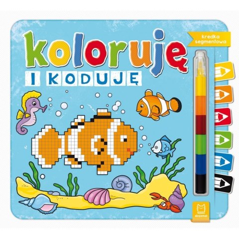 Okładka książeczki „Koloruję i Koduję” z rybkami, pikselową grafiką i dołączoną kredką segmentową.
