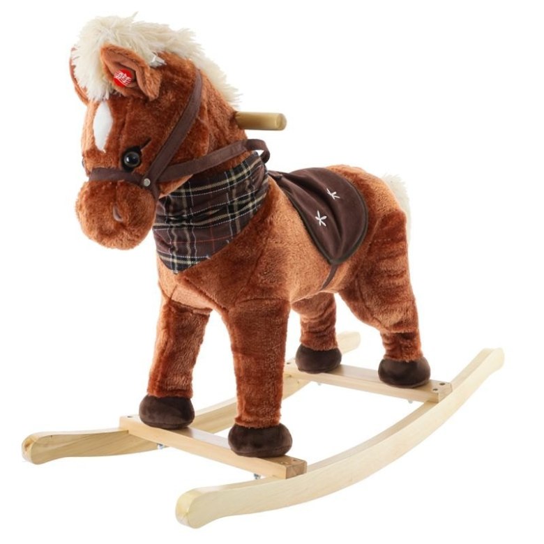 Pluszowy konik bujany na drewnianych płozach z siodłem i uzdą, miękka zabawka dla dzieci