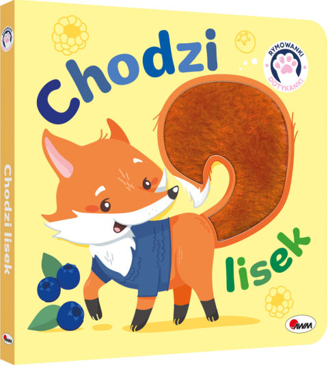 Okładka książeczki „Chodzi lisek” z ilustracją uśmiechniętego liska i fakturowanym ogonem do dotykania