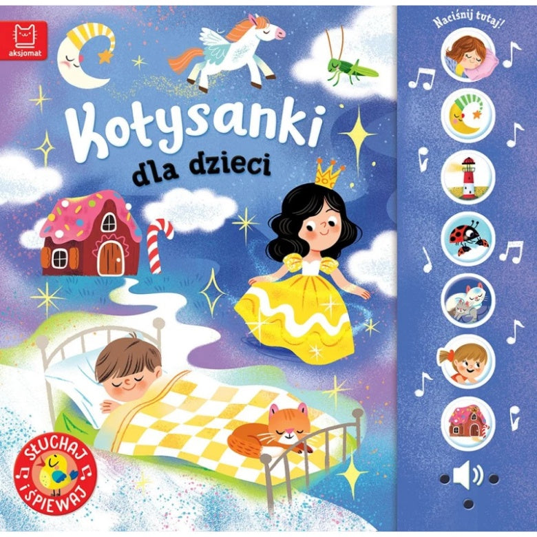 Książeczka dźwiękowa „Kołysanki dla Dzieci” z ilustracją śpiącego dziecka, księżniczki i panelem muzycznym.
