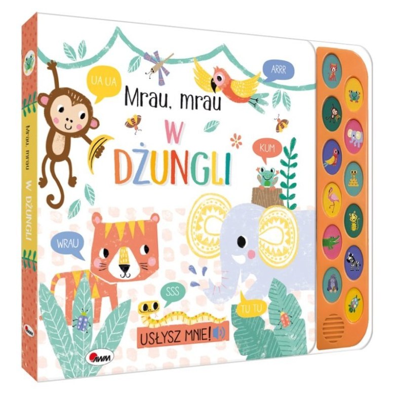 Książeczka dźwiękowa „Mrau, Mrau w Dżungli” z ilustracją zwierząt i kolorowym panelem dźwiękowym.
