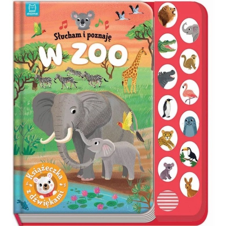 Książeczka dźwiękowa „W Zoo – Słucham i Poznaję” z ilustracją słoni i panelem dźwiękowym ze zwierzętami.
