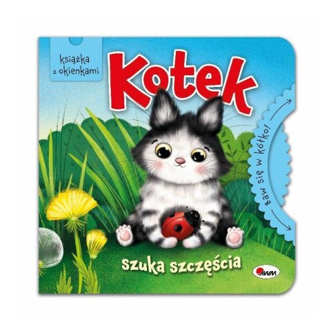 Książeczka dla dzieci „Kotek szuka szczęścia” z okienkami i ilustracją kotka na okładce
