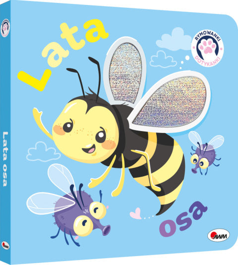 Okładka książeczki „Lata osa” z uśmiechniętą osą i połyskującymi skrzydełkami do dotykania