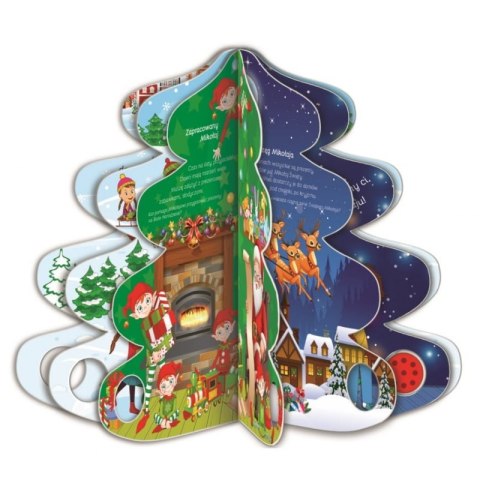 Rozkładana książeczka „Moja choinka” w kształcie choinki, z kolorowymi ilustracjami elfów, reniferów i zimowego miasteczka