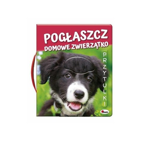 Okładka książeczki „Pogłaszcz domowe zwierzątko” z ilustracją szczeniaka i fakturą do głaskania