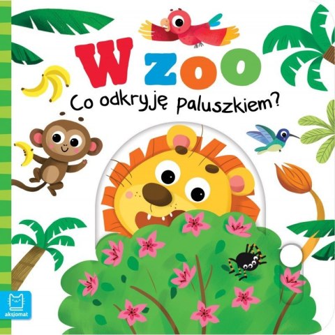 Interaktywna książeczka dla dzieci „W zoo – Co odkryję paluszkiem?” z kolorowymi zwierzętami na okładce
