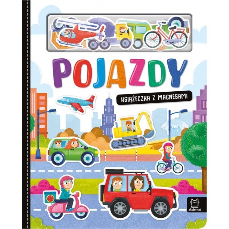 Książeczka z magnesami „Pojazdy” z kolorowymi ilustracjami pojazdów i magnetycznymi elementami.
