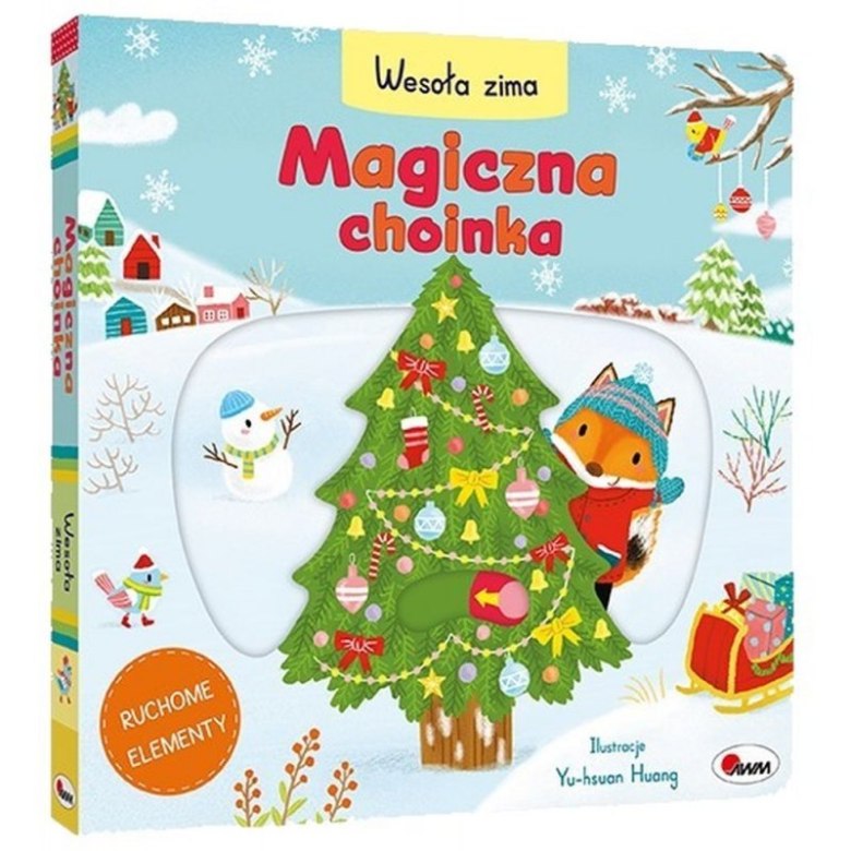 Książka dla dzieci „Magiczna Choinka – Wesoła Zima” z ilustracją choinki, lisa i ruchomymi elementami.
