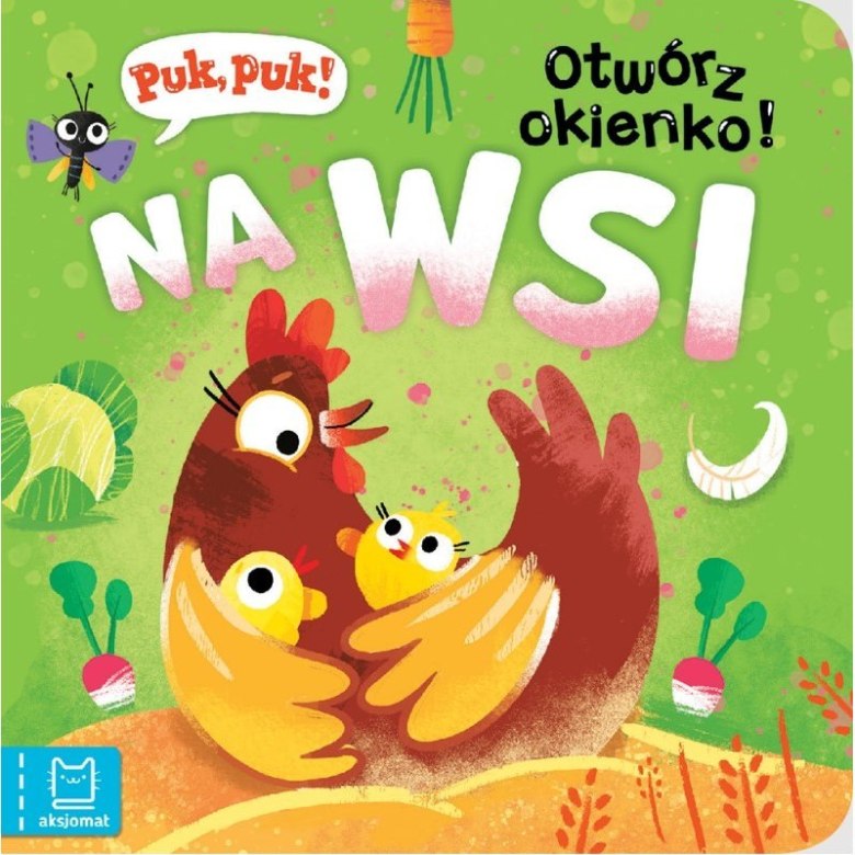Książka dla dzieci „Na Wsi – Otwórz Okienko!” z ilustracją kury i piskląt na kolorowej farmie.
