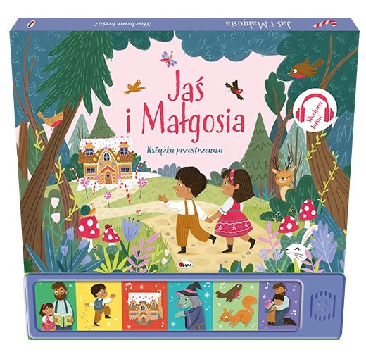 Książka przestrzenna „Jaś i Małgosia” z ilustracją dzieci w lesie i panelem dźwiękowym z obrazkami.
