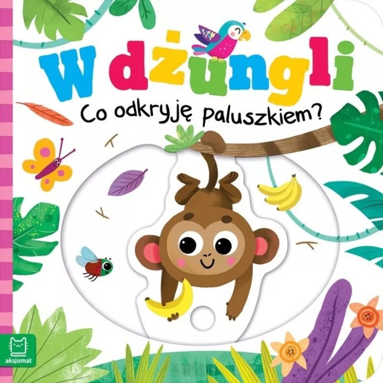 Książka dla dzieci „W Dżungli – Co Odkryję Paluszkiem?” z ilustracją małpki i kolorowych liści.
