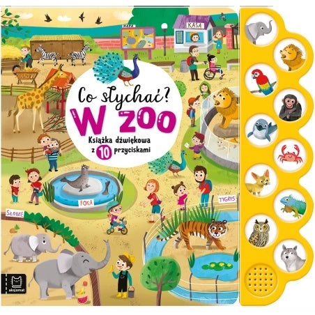 Książka dźwiękowa „Co słychać? W zoo” z 10 przyciskami dźwiękowymi i ilustracjami zwierząt w zoo.
