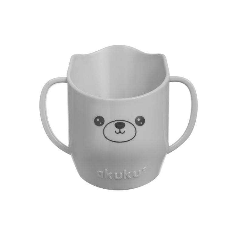 Kubek pochylony do nauki picia Akuku szary – ergonomiczny kubeczek treningowy dla dzieci z dwoma uchwytami i uroczym nadrukiem misia