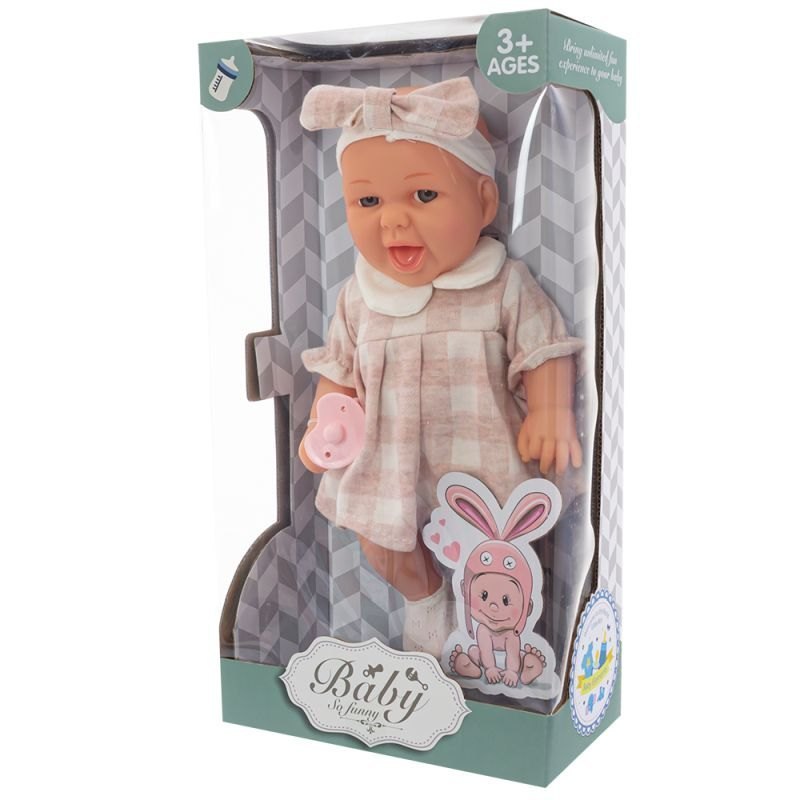 Lalka niemowlę w różowej sukience z kokardą i smoczkiem w ozdobnym pudełku – idealny prezent dla dziewczynki