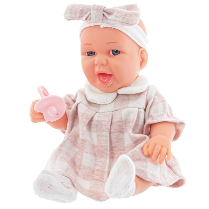 Urocza lalka niemowlę w różowej sukience z kokardą i smoczkiem – zabawka dla dziewczynek