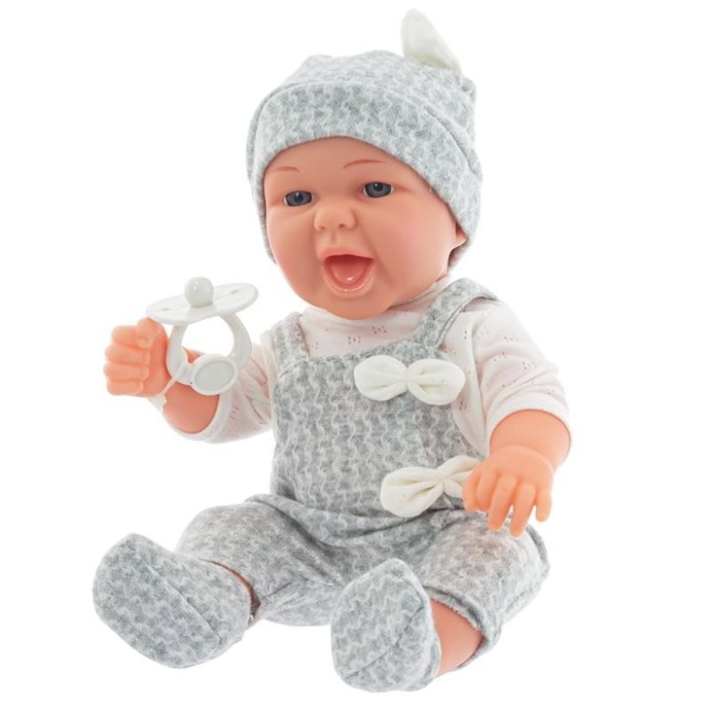 Lalka niemowlę w szarym komplecie z czapeczką i smoczkiem – urocza zabawka dla dziewczynki