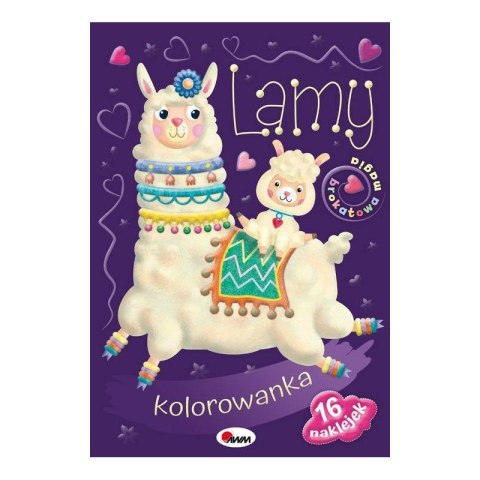 Okładka kolorowanki „Lamy” przedstawiająca dwie urocze lamy na fioletowym tle, z zestawem 16 naklejek.
