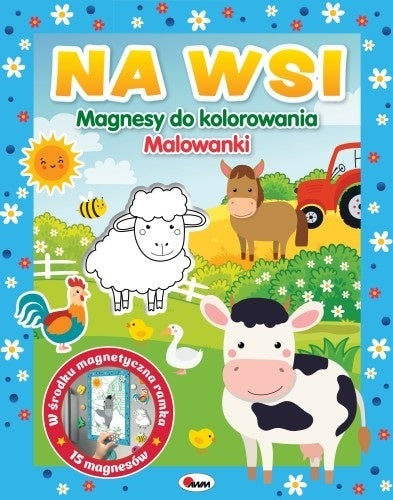 Okładka zestawu „Magnesy do kolorowania – Na wsi” z ilustracjami zwierząt i 15 magnesami dla dzieci