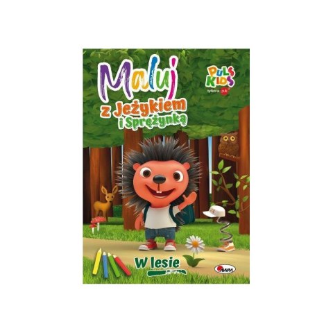 Okładka kolorowanki „Maluj z Jeżykiem – W lesie” przedstawiająca uśmiechniętego jeża w lesie.
