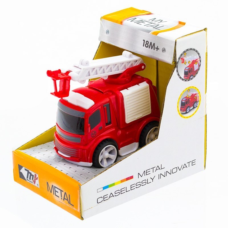 Czerwony metalowy wóz strażacki z ruchomą drabiną w estetycznym opakowaniu – zabawka dla dzieci 18m+