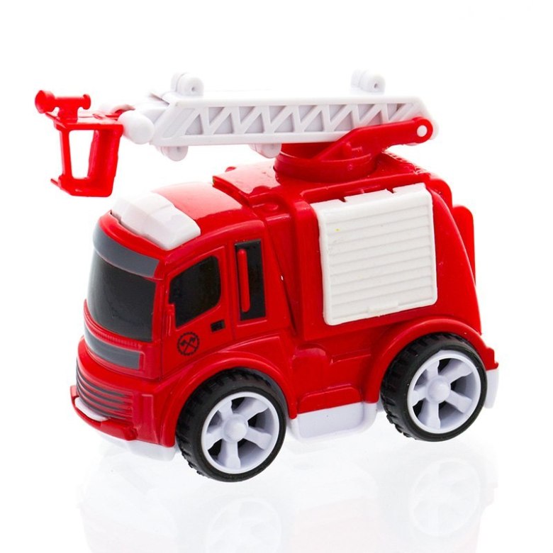 Czerwony metalowy wóz strażacki z białą ruchomą drabiną i dużymi kołami – zabawka dla dzieci 18m+