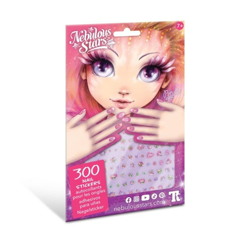 Naklejki na paznokcie Nebulous Stars – zestaw 300 kolorowych naklejek do zdobienia paznokci, w opakowaniu z ilustracją postaci Petulia i pokazanymi przykładami manicure dla dzieci