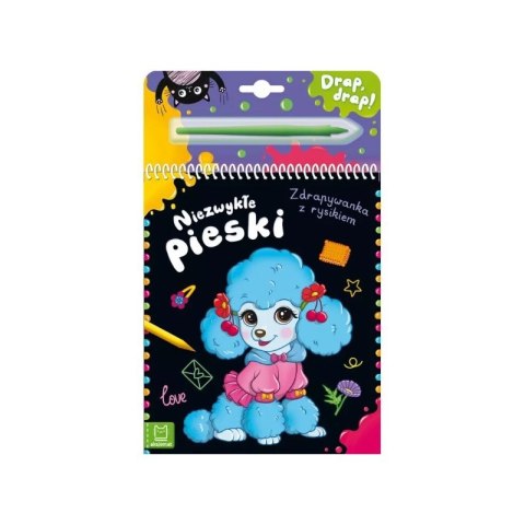 Okładka książeczki „Niezwykłe Pieski” – kolorowa zdrapywanka z rysikiem dla dzieci.
