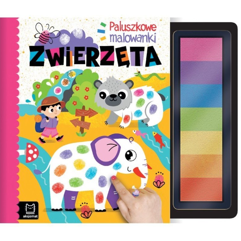 Paluszkowe malowanki „Zwierzęta” z kolorowym zestawem farb i ilustracją słonia do ozdabiania palcami.
