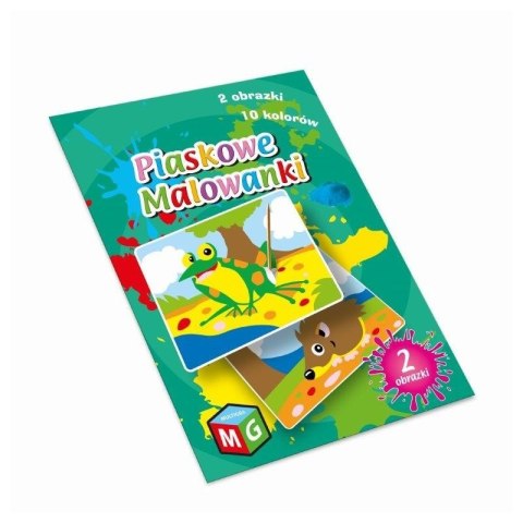 Okładka zestawu „Piaskowe Malowanki” z dwoma obrazkami do tworzenia kolorowych piaskowych ilustracji.
