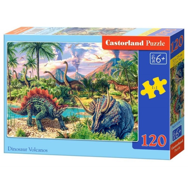 Puzzle Castorland 120 elementów „Dinosaur Volcanos” przedstawiające dinozaury w prehistorycznym krajobrazie z wulkanami i tropikalną roślinnością