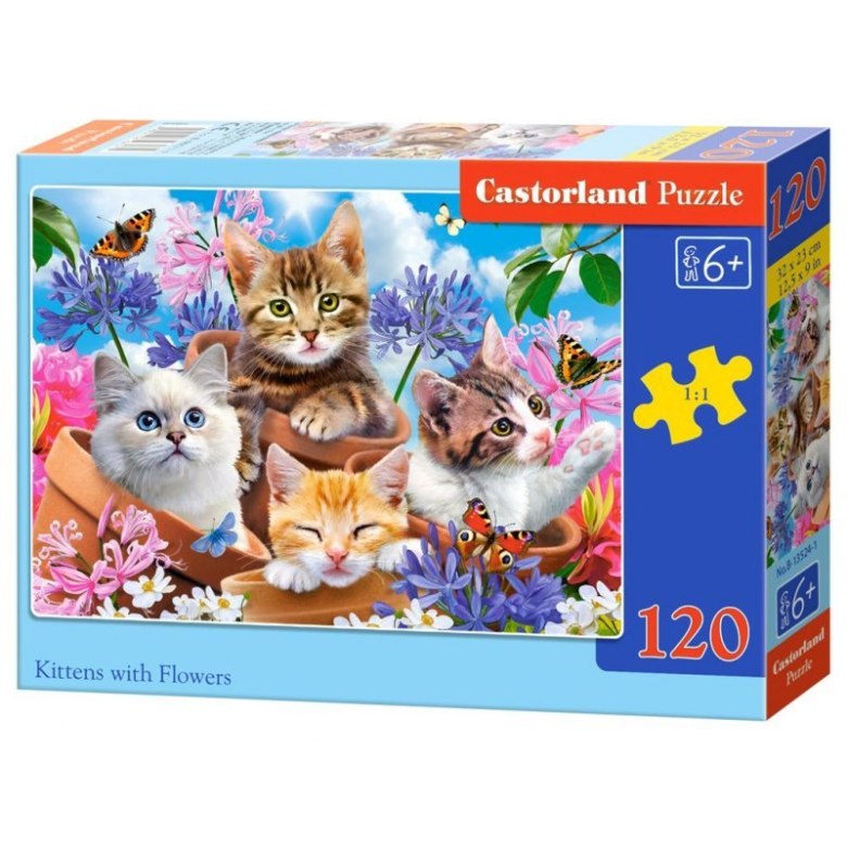 Puzzle Castorland 120 elementów „Kittens with Flowers” przedstawiające urocze kocięta wśród kolorowych kwiatów i motyli