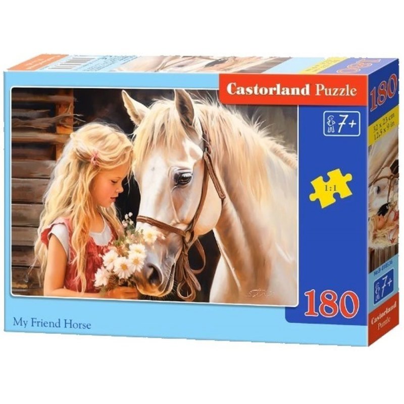 Puzzle Castorland 180 elementów „My Friend Horse” przedstawiające dziewczynkę z bukietem kwiatów obok konia w ciepłej, rustykalnej scenerii