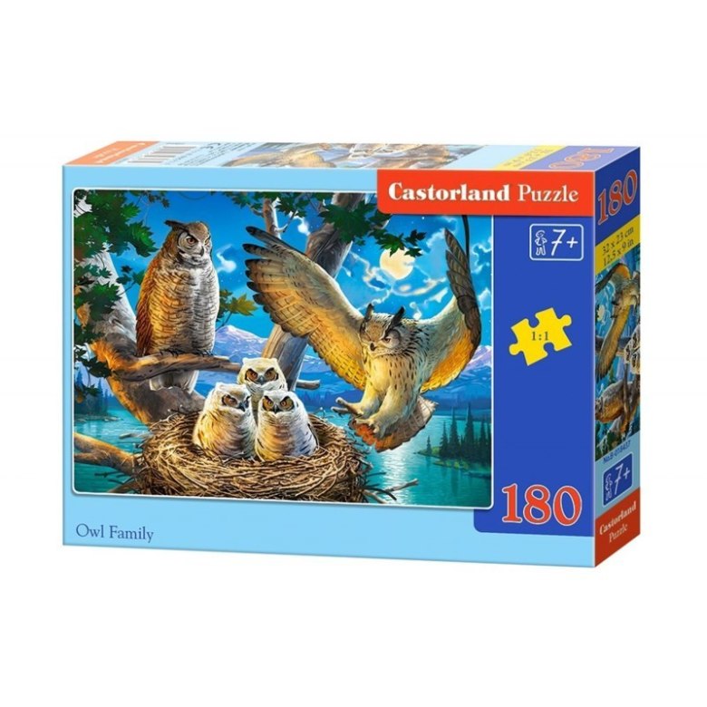 Puzzle Castorland 180 elementów „Owl Family” przedstawiające rodzinę sów na tle lasu i jeziora w kolorowej scenerii