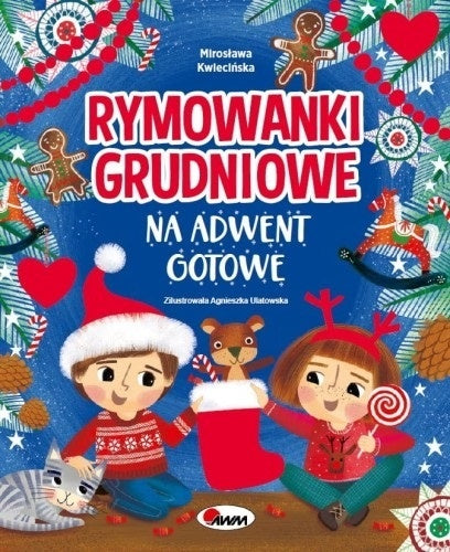 Okładka książki „Rymowanki grudniowe na Adwent gotowe” z dziećmi w świątecznych strojach, dekoracjami i zimowym tłem.
